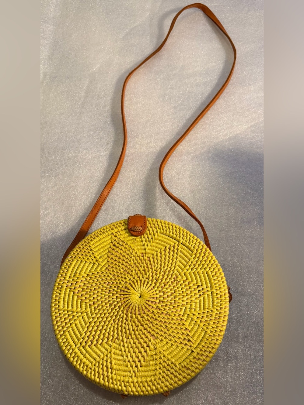Vintage lime green Round Woven Crossbody Rottan Round  with Brown Strap women’s